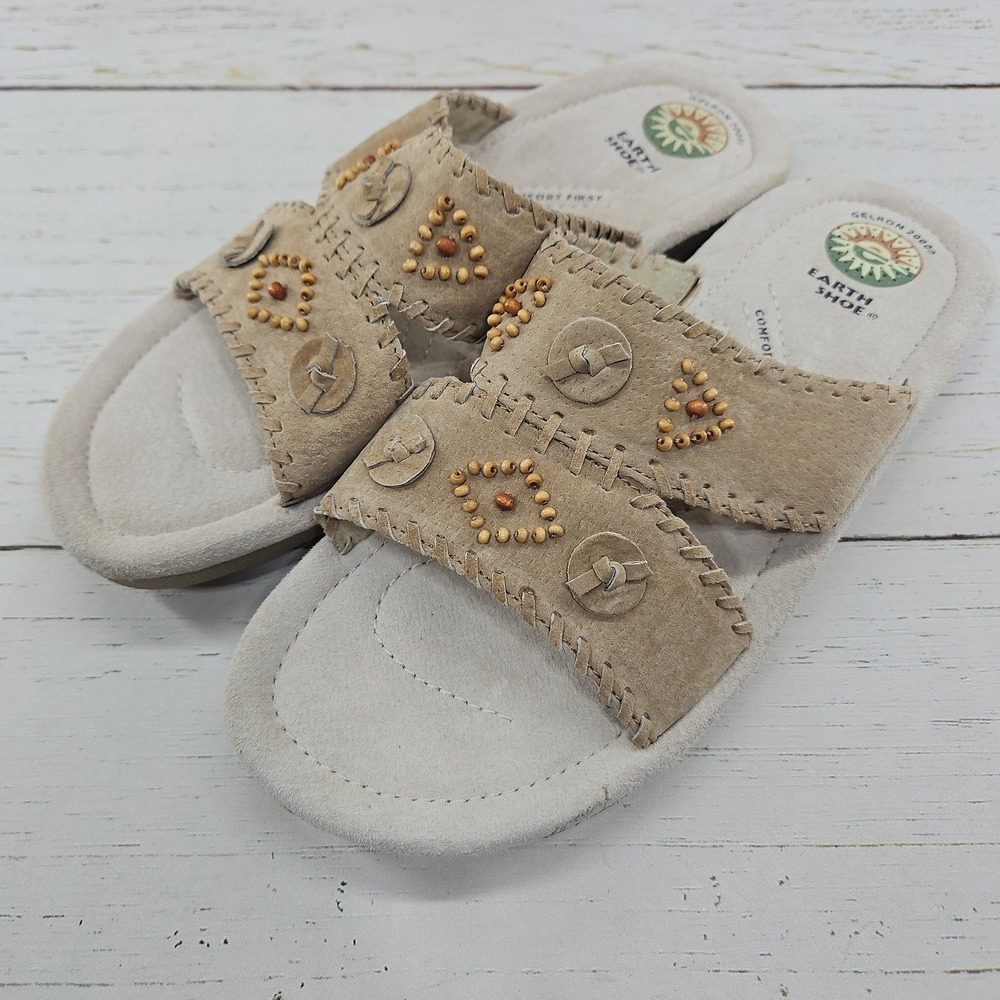 Earth Shoe Conway Slide Sandals Womens 10.5‎ Tan Suede Beaded Whipstitch Boho